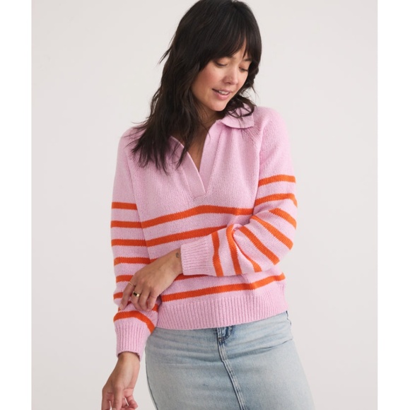 Marine Layer Claire Relaxed Sweater Polo Merino Wool Cotton Large Pink NWT - Picture 1 of 16